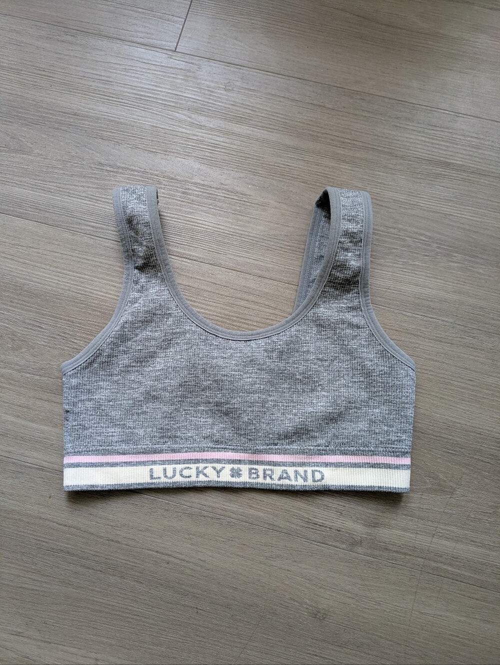 Lucky Brand Women's Gray Ribbed Sports Bra with Pink & White Trim